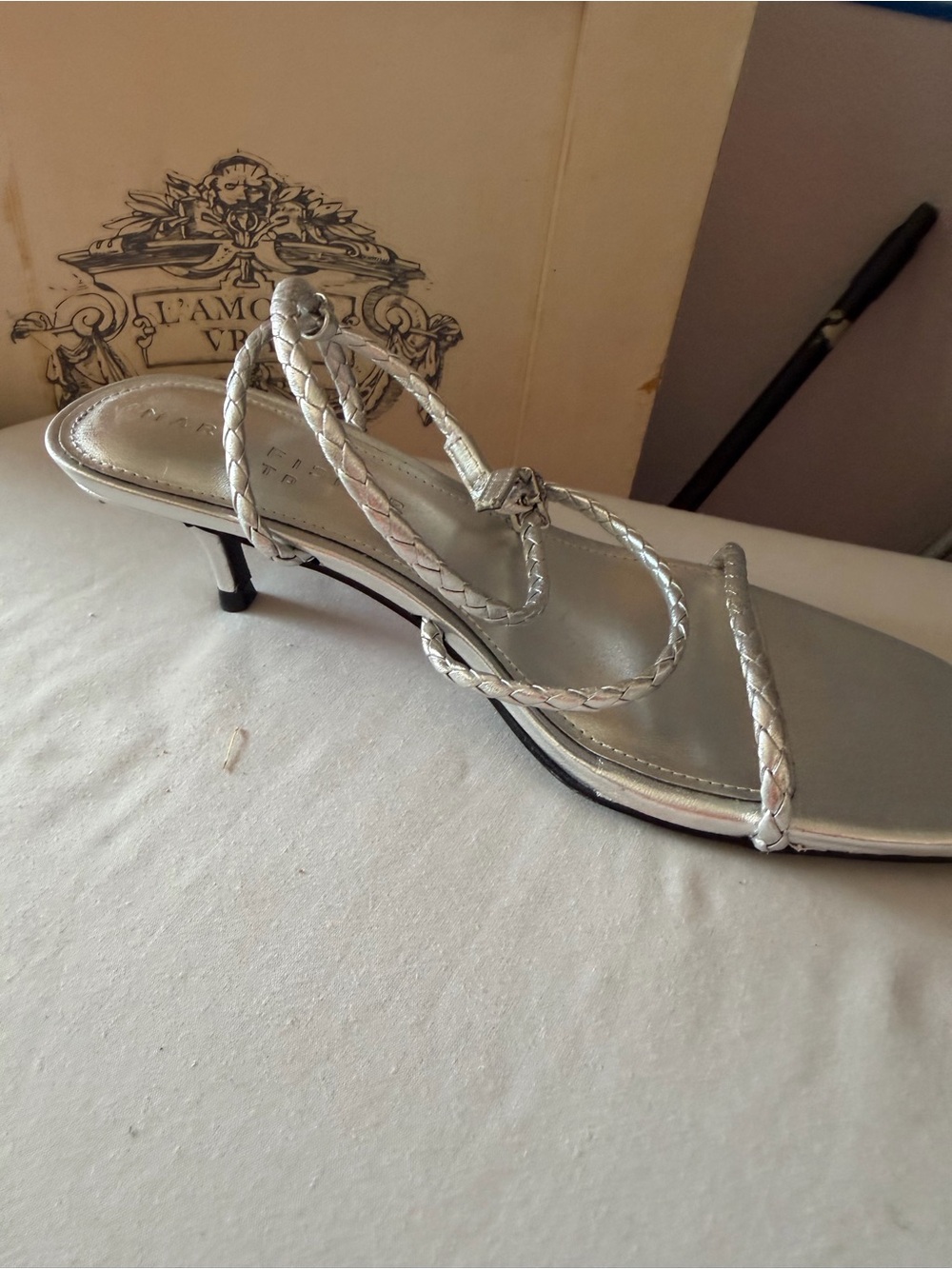 Silver Braided Strap Women's Kitten Heel Sandal